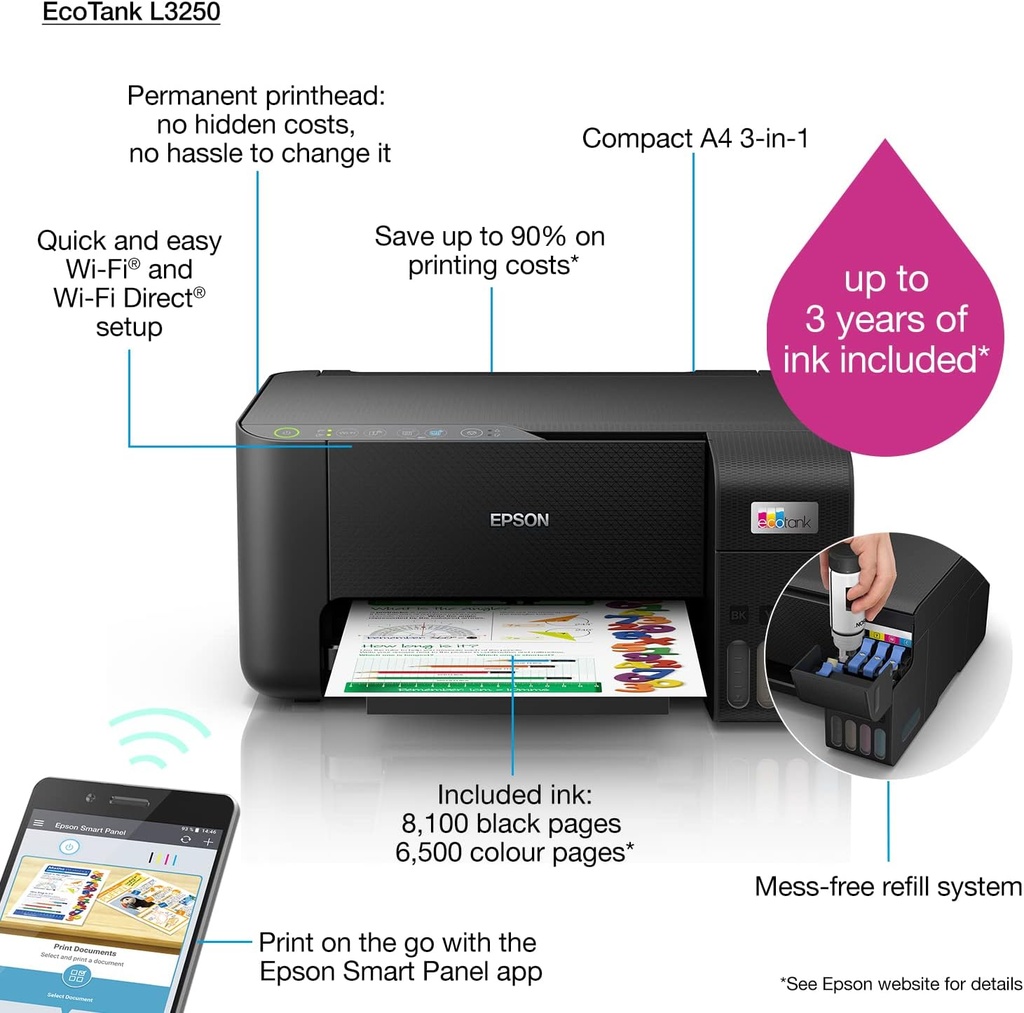 EPSON PRINTER L-3250 ECO TANK 3*1 WIFI PRINTER COLOR طابعة ابسون نفاثة للحبر موديل 3250