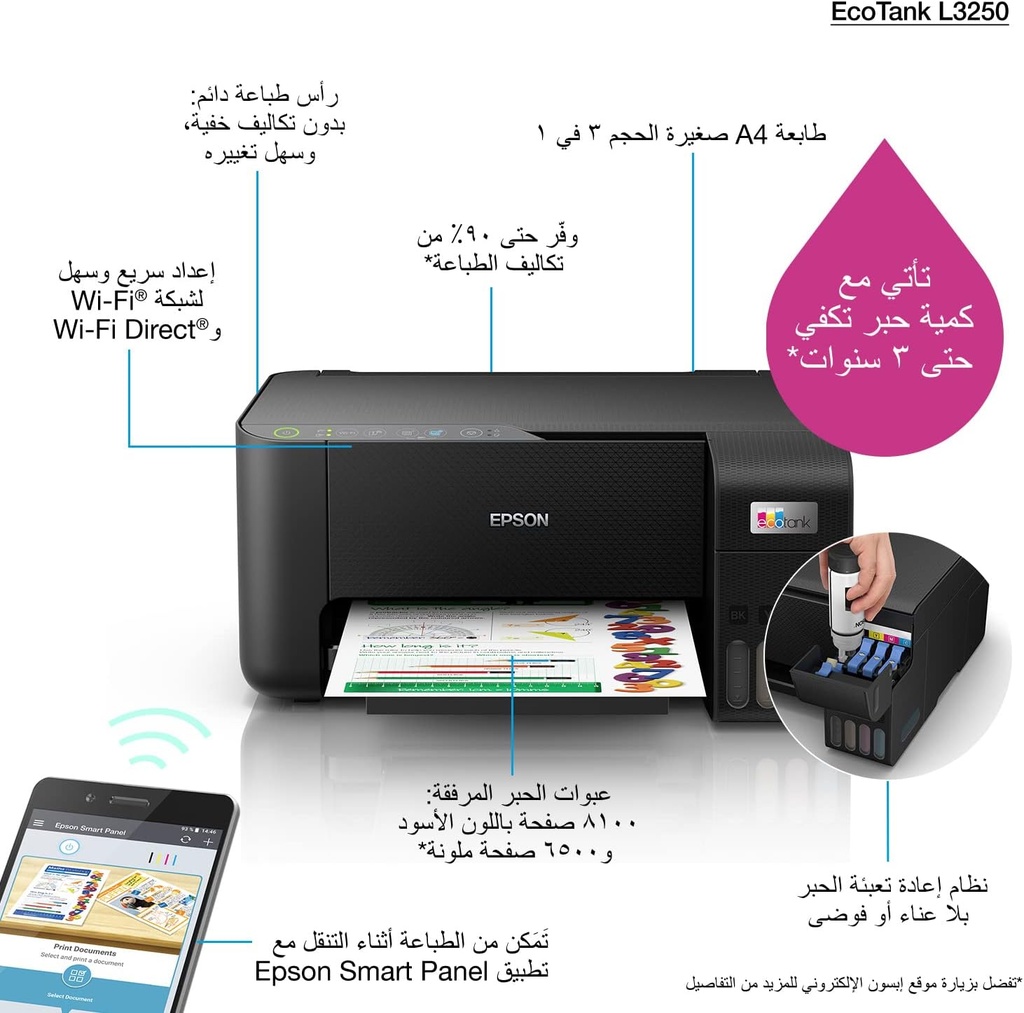 EPSON PRINTER L-3250 ECO TANK 3*1 WIFI PRINTER COLOR طابعة ابسون نفاثة للحبر موديل 3250