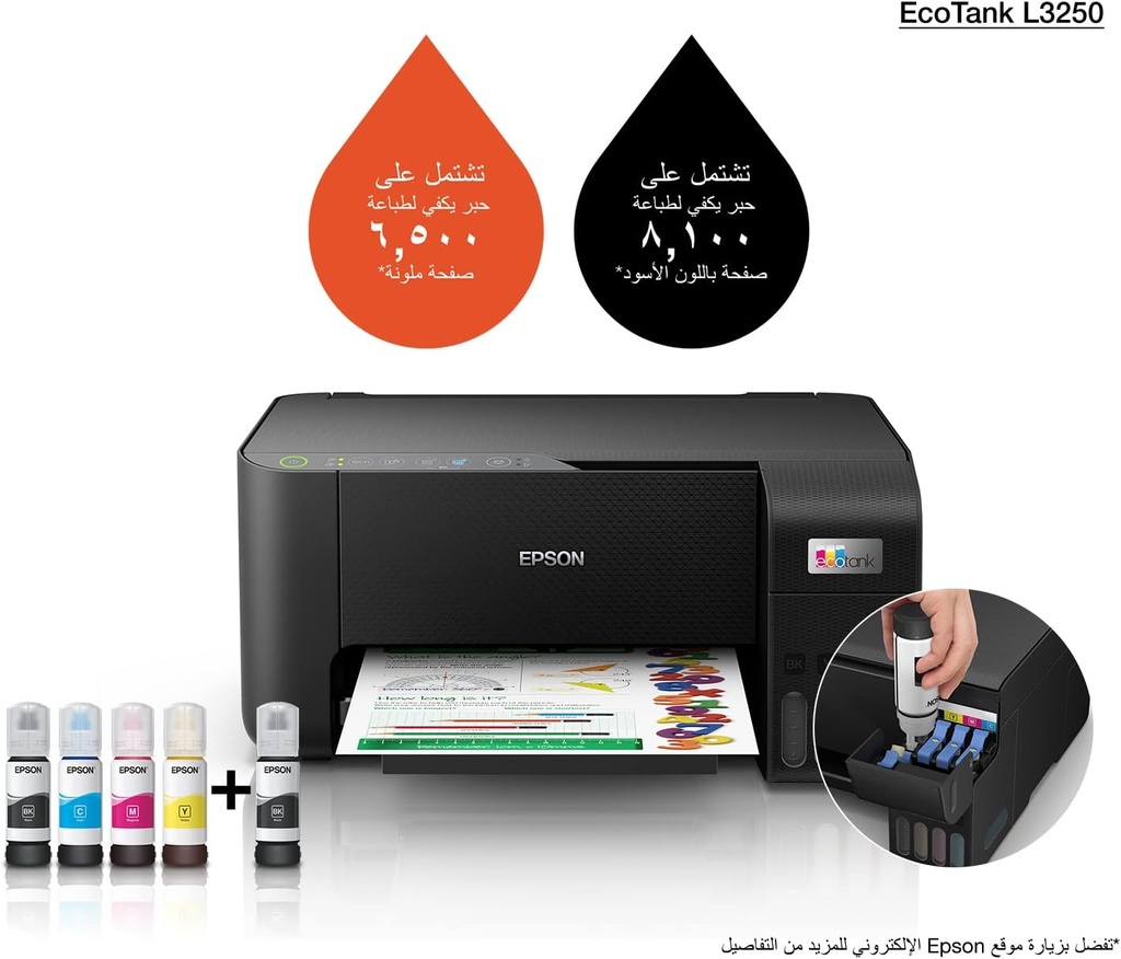 EPSON PRINTER L-3250 ECO TANK 3*1 WIFI PRINTER COLOR طابعة ابسون نفاثة للحبر موديل 3250